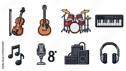 hand drawn collection of music instruments and audio equipment icons with violin guitar drums keyboard microphone speaker headphones and musical notes