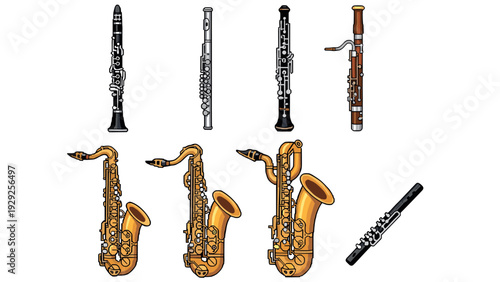 set of hand drawn classical woodwind musical instruments including clarinet flute oboe bassoon alto tenor and baritone saxophones