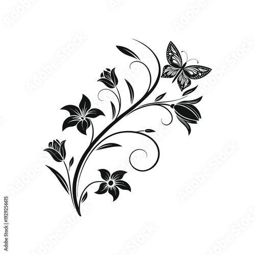 Elegant black and white floral design with butterfly accent, detailed botanical arrangement, nature inspired monochrome artwork for invitation, packaging, and branding