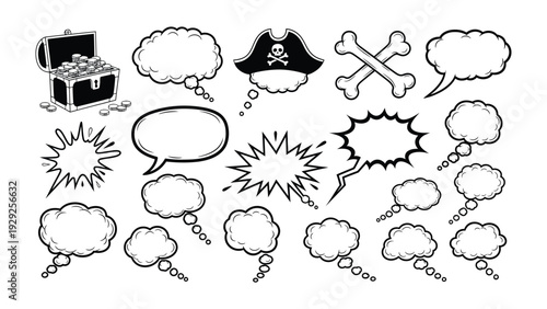 Comic Speech Bubbles and Pirate Symbols: A collection of various comic speech bubbles and iconic pirate symbols, ready for creative storytelling, each element is a portal to imagination.