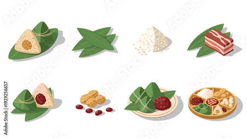 set of traditional asian sticky rice dumplings with leaves meat and peanuts hand drawn food illustration