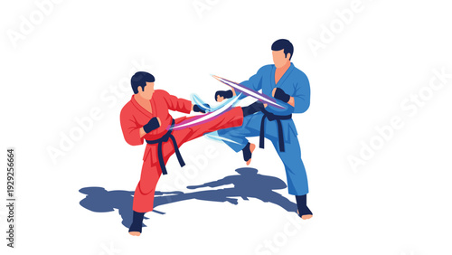 two men practicing karate fighting in hand drawn vector style martial arts competition