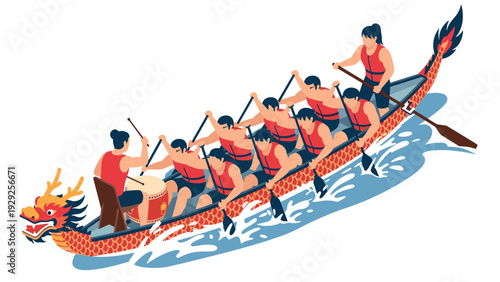 dragon boat race team rowing together in traditional hand drawn illustration style for sports and festival design