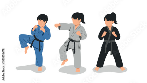 three children practicing karate in different colored uniforms hand drawn illustration
