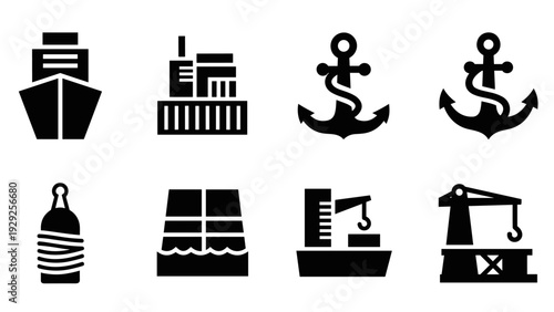 set of black maritime and shipping icons with ship, anchor, buoy, container, and crane in silhouette style