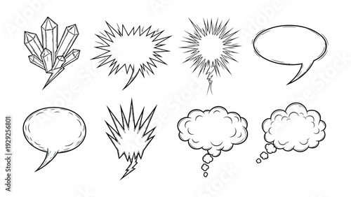 Comic Bubbles and Crystal Illustration: A creative collection of dynamic comic book speech bubbles alongside a sparkling crystal design. Perfect for storytelling, expressing emotions.