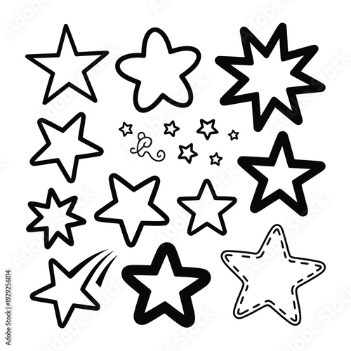 Celestial Constellation: A whimsical collection of various star designs in a monochrome palette, perfect for adding a touch of enchantment to any creative project.