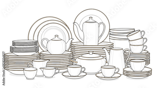 collection of hand drawn porcelain dishware with cups plates and teapots line art kitchenware set