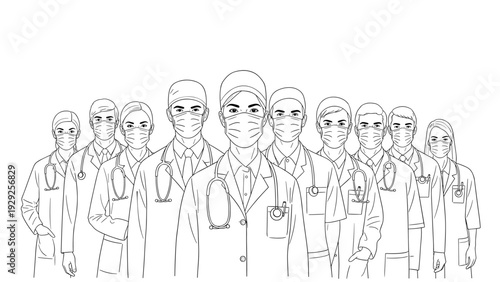 group of doctors wearing masks standing in line hand drawn medical team illustration
