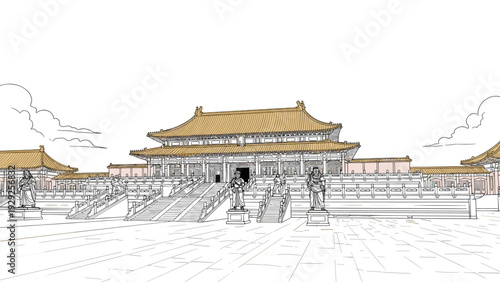 ancient asian palace with traditional roof and stone statues hand drawn architectural line art illustration