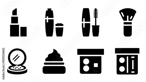 set of black silhouette cosmetics and makeup tools icons including lipstick mascara powder cream and palette in flat style