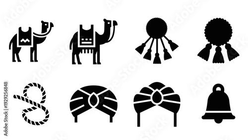 set of black silhouette traditional turban camel tassel rope and bell icons