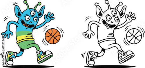 Playful Cartoon Alien Dribbling a Basketball Quirky Sports and Sci Fi Illustration
