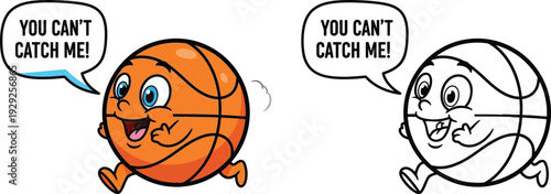 Playful Cartoon Basketball Running and Saying You Cant Catch Me Dynamic Sports Illustration