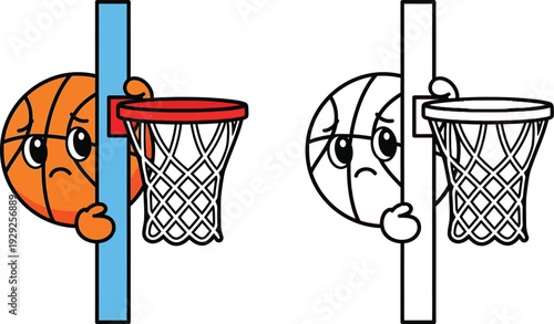 Shy or Sad Cartoon Basketball Peeking from Behind a Post Emotional Sports Illustration