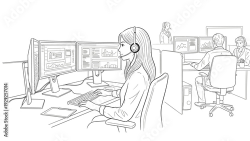 people working in call center office with multiple computer monitors hand drawn line art