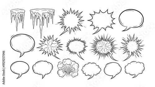 Comic Speech Bubbles and Icicles Illustration: An engaging black and white illustration of various comic-style speech bubbles and icicles, ideal for creative and humorous visual communication needs.