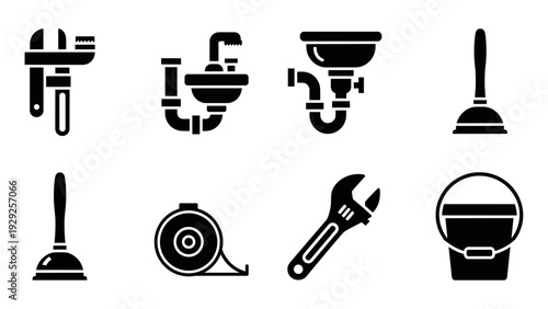 plumbing tools and fixtures black silhouette icon set hand drawn style