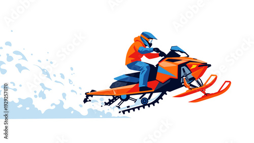 person riding orange and blue snowmobile with snow trail vector illustration