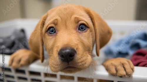 A charming small dog with soulful ocean eyes inquisitively watches from its secure household perch