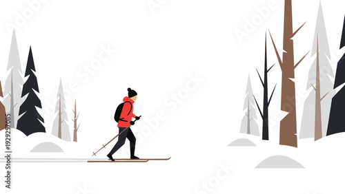 cross country skier in winter forest landscape flat vector illustration