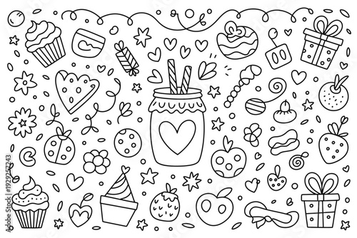 A sweet food illustration with various desserts and candies