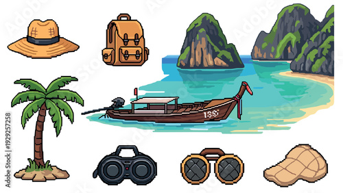 tropical beach with longtail boat palm tree straw hats backpack portable speakers and binoculars pixel art set