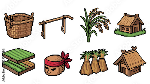 pixel art set of traditional rice farming elements with farmer head and huts