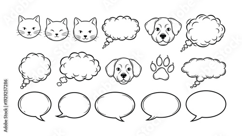 Comical Pet and Speech Bubbles: A set of cute cartoon faces, featuring adorable cat and dog characters, accompanied by an array of speech bubbles, ready for imaginative expression.