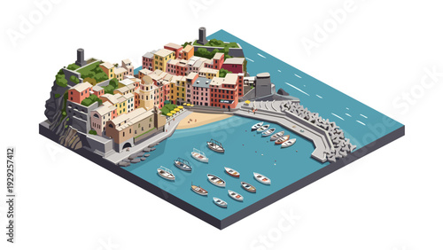 isometric coastal village with colorful houses small harbor boats and sea in summer