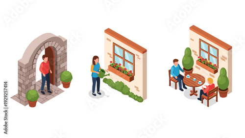 isometric people entering a garden watering plants and having coffee in outdoor patio set in flat style