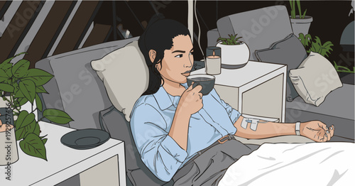 Woman relaxing in bed with smartphone in cozy modern loft with soft warm lighting for wellness advertisement