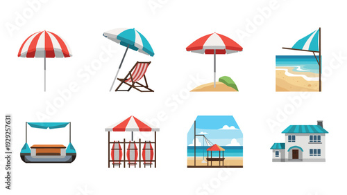 summer beach umbrella and seaside elements flat icons set with lounge chair sailboat and beach house