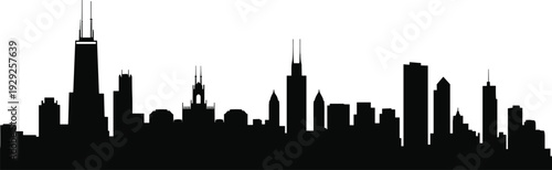 Chicago city skyline silhouette with Willis Tower, John Hancock Center, urban architecture, iconic skyscrapers, metropolitan landscape, dramatic outline, design, identity