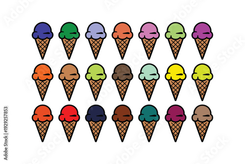 Ice cream colorful icon set of various flavors in cones