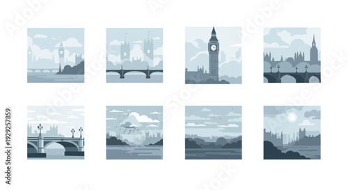 set of hand drawn london landmarks and river thames scenes in minimalist blue tones