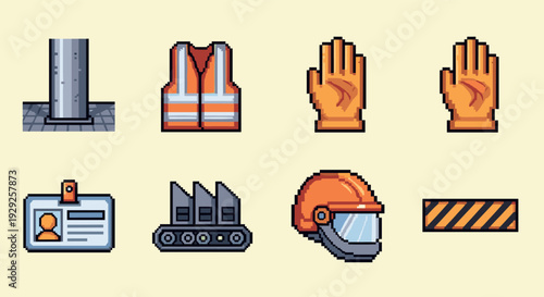 pixel art construction safety equipment icons set with gloves helmet vest id badge and barrier