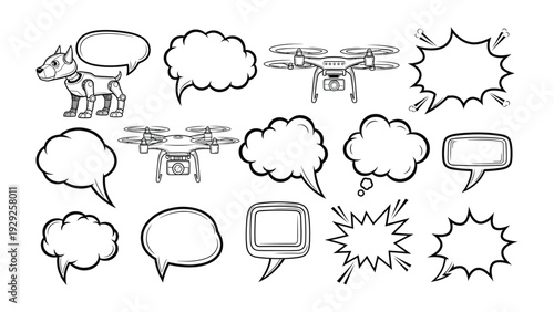 Robotic Dog Drones with Comic Bubbles: A graphic illustration features robotic dog and drones, accompanied by various comic-style speech and thought bubbles on white backdrop.