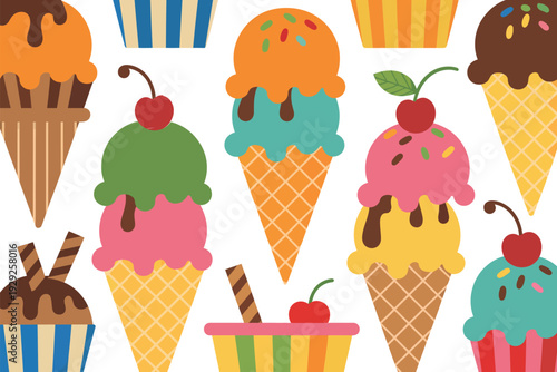 Ice cream colorful illustration with various sweet treats and toppings