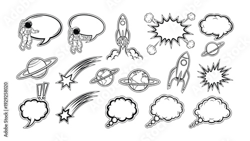 Cosmic Cartoon elements: A collection of black and white cartoon elements, featuring astronauts, rockets, planets, stars, and speech bubbles, perfect for space-themed projects or illustrations.