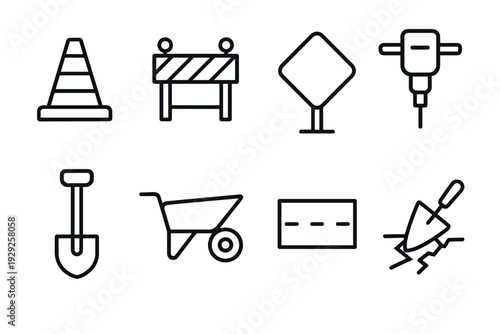 construction equipment and road work tools hand drawn line art icons set