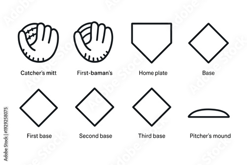 baseball equipment and field positions icon set with hand drawn style for sports design