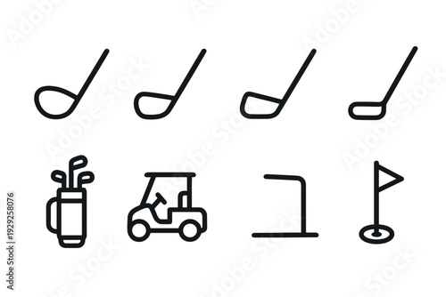 set of hand drawn golf clubs bag cart hole and flag icons in outline style for sports and recreation design