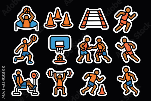 basketball training icon set hand drawn style with players drills and equipment