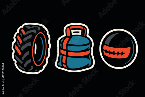 hand drawn set of tire kettlebell and medicine ball fitness equipment icons