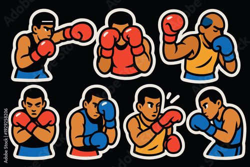 set of hand drawn cartoon boxing fighters with gloves in various poses and colorful uniforms