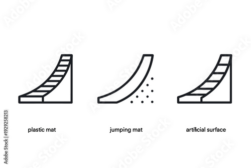 set of three hand drawn trampoline park elements plastic mat jumping mat and artificial surface icons