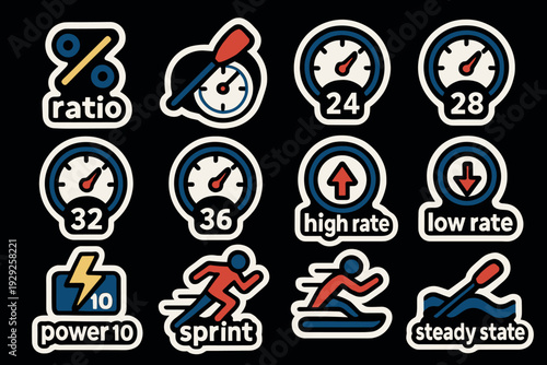 set of fitness and performance icons with hand drawn style for sports and exercise