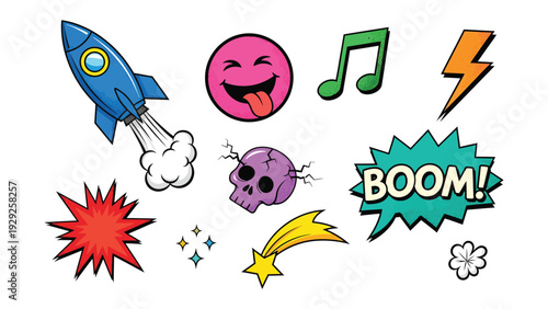 Emblematic Elements: A collection of quirky cartoon icons, with a rocket ship, smiley face, musical note, lightning bolt, shooting star and skull on display. 