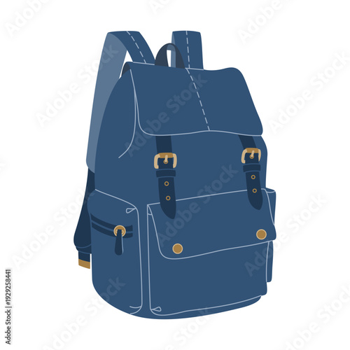 Travel and camping backpack. Blue touristic haversack for hiking. Hand drawn vector illustration isolated on white background. Modern flat cartoon style.